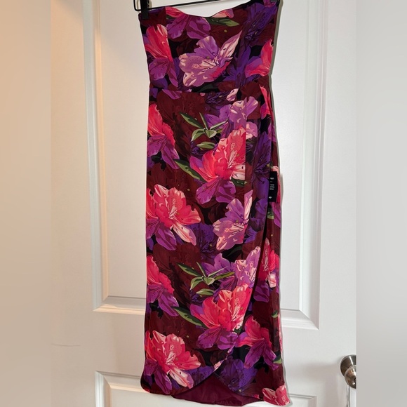 Lulus Burgundy Multi Floral Strapless Tulip Midi Dress - Picture 3 of 16